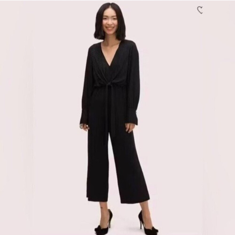 Kate Spade Cocktail Party Black Jacquard Tie Front Cropped Wideleg Jumpsuit 00